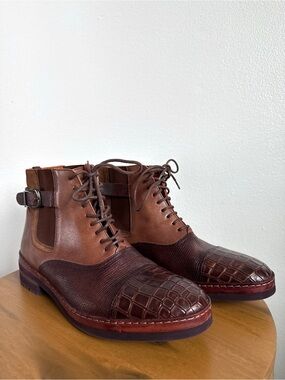 Lorens Men’s Brown Leather Croc Embossed Boots EU 39 US 6-6.5 Made in sowin